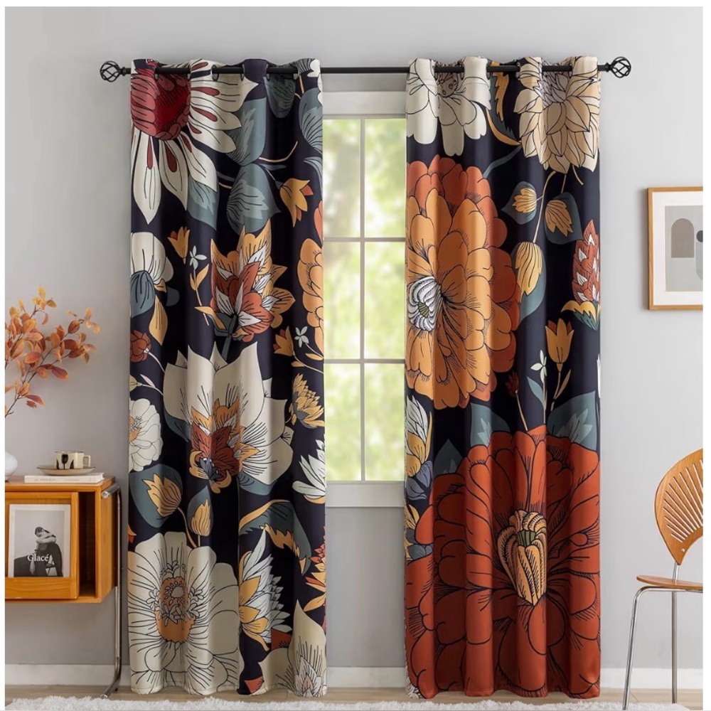 6 Gorgeous Floral Black Panels - Curtains with Cream Blooms - 52Wx84L